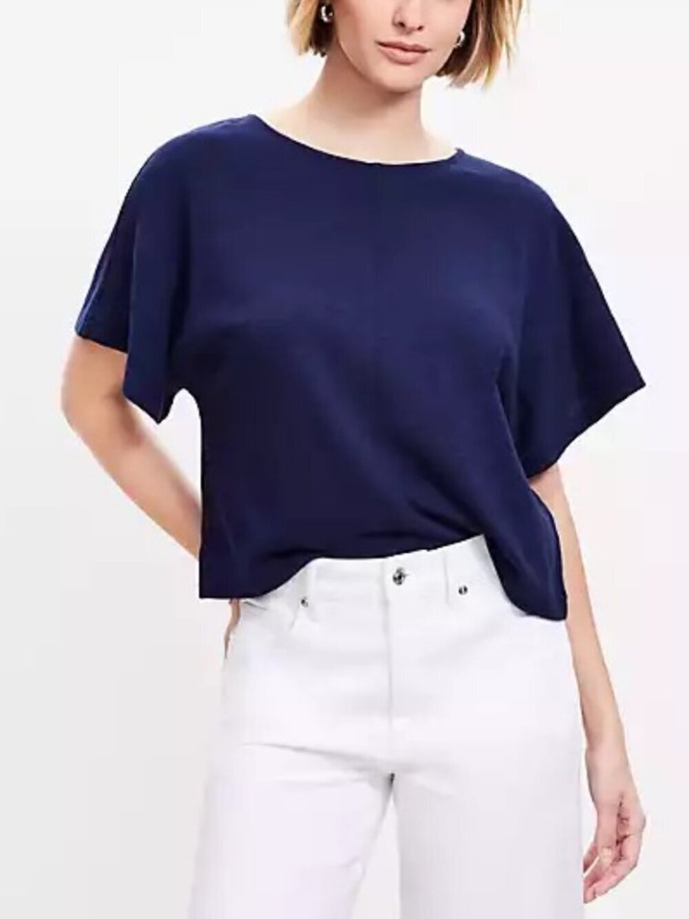 Loft Airy Relaxed Tee Pullover Slub Cotton Top Navy Size L